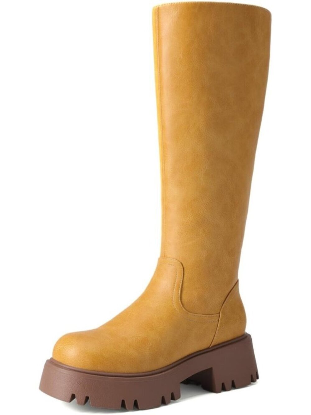 Womens Yellow Round Toe Side Zipper Elastic Panel Platform Knee High Chunky Boot